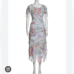 Mary McFadden floral print long midi blue ruffle sleeve  dress size 12